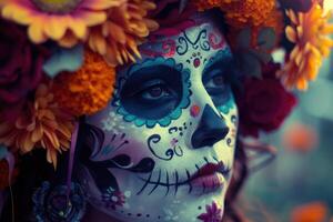 ai generiert exquisit Schönheit fesselnd la catrina Mädchen auf ein dia de los Muertos Extravaganz foto