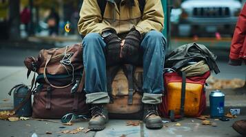 ai generiert obdachlos Person zusammengekauert auf Stadt Straße Ecke inmitten Müll Taschen gelehnt gegen grungy städtisch Hintergrund foto