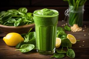ai generiert gekühlt organisch Grün Spinat Smoothie Glas auf hölzern Tisch. generieren ai foto