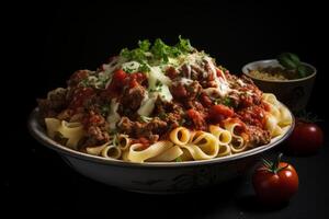 ai generiert Bohnenkraut Pasta Fleisch Gemüse. generieren ai foto