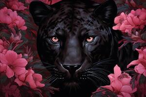 ai generiert exotisch Panther Kopf Rosa Blumen. generieren ai foto