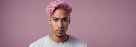 ai generiert mittendrin Porträt Foto von ein genervt gut aussehend männlich Modell- mit ein Rosa Haar isoliert auf ein RebeccaPurple Hintergrund mit Kopieren Raum Banner Vorlage. ai generiert