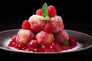 ai generiert scharf Puff Himbeeren Dessert Lebensmittel. generieren ai foto