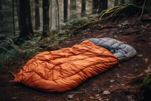 ai generiert kompakt gerollt Schlafen Tasche Camping Gang. generieren ai foto