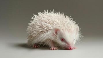 ai generiert International Albinismus Bewusstsein Tag, Albino Igel auf ein Weiß Hintergrund, ein genetisch Feature von Aussehen, nicht mögen jedermann sonst foto