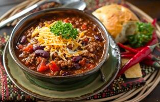 ai generiert Chili mit ein Schüssel von Käse und rot Pfeffer auf ein Platte, Mexikaner Geschirr Bild foto