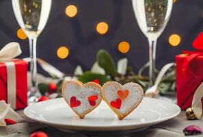 ai generiert Herz geformt Essen mit Champagner und die Geschenke, emotional Kuss Bild foto