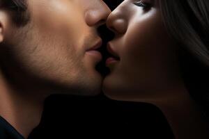 ai generiert ein Mann und Frau küssen auf das Lippen foto