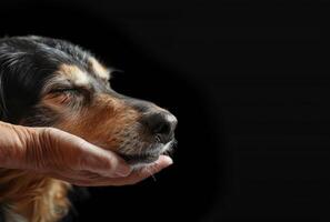 ai generiert ein Hund Sein Haustier durch Hand auf schwarz Hintergrund, International küssen Tag Bild foto