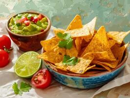 ai generiert Chip und Salsa Schüssel mit Guacamole, traditionell Mexikaner Essen Bild foto