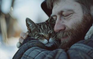 ai generiert ein Mann ist umarmen ein Tabby Katze im ein bärtig Szene, emotional Kuss Bild foto