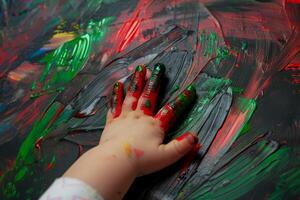 ai generiert Kind Hand auf Kunst Gemälde Tabelle Abdeckung, feiern künstlerisch Tag foto