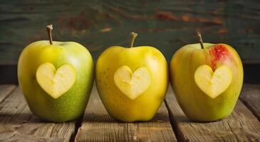 ai generiert drei Äpfel mit Herz Formen auf ein hölzern Tisch, International küssen Tag Bild foto