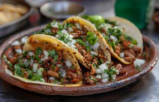 ai generiert Schweinefleisch Tacos auf Platten mit Zwiebeln und Koriander, traditionell Mexikaner Essen Bild foto