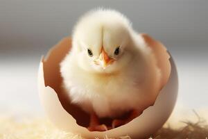 ai generiert klein flauschige Hähnchen im ein Eierschale foto
