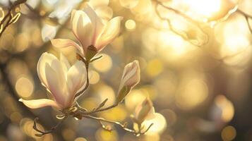 ai generiert Ast von Blühen Mimose im Sonnenlicht, Frühling Hintergrund, Bokeh foto