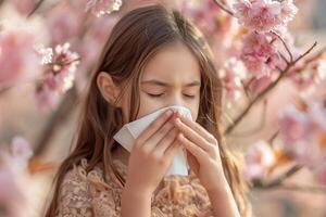 ai generiert ein Niesen jung Frau weht ihr Nase in ein Taschentuch während Gehen im ein Frühling Park, Allergien, Polynose foto