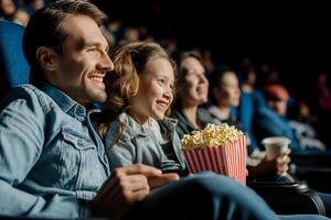 ai generiert selektiv Fokus von glücklich Familie Aufpassen Film mit Popcorn im Kino foto