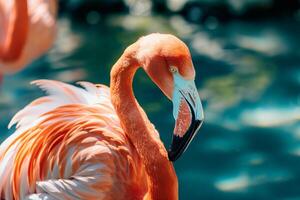 ai generiert ein Nahansicht von ein Flamingo im das Meer foto