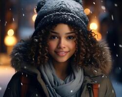 ai generiert Porträt von ein jung schön Afroamerikaner Mädchen im ein Hut im ein Winter Nacht Stadt foto