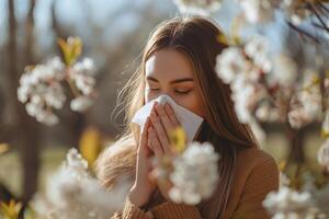 ai generiert ein Niesen jung Frau weht ihr Nase in ein Taschentuch während Gehen im ein Frühling Park, Allergien, Polynose foto