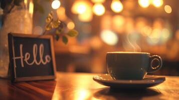 ai generiert Kaffee Tasse und Tafel mit Hallo Text auf Tabelle im Cafe foto