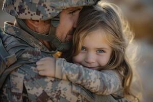 ai generiert schließen oben Porträt von ein süß wenig Mädchen umarmen ihr Vater im Militär- Uniform foto