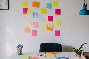 ai generiert Büro Innere mit viele Aufkleber auf das Wand, das brauchen zu ausführen viele Aufgaben foto