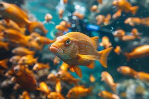 ai generiert Gelb exotisch Fisch unter Wasser im ein Schule von Fisch foto