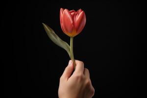 ai generiert weiblich Hand mit ein Tulpe, Nahansicht auf ein dunkel Hintergrund foto