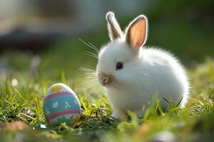 ai generiert wenig Weiß Hase auf das Gras mit ein dekoriert Ostern Eier foto