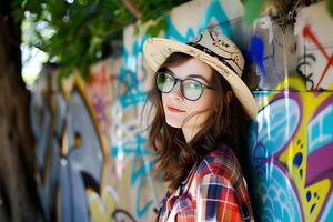 ai generiert Porträt von ein schön jung Mädchen im ein Hut und Brille auf ein Hintergrund von Graffiti foto