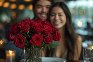 ai generiert romantisch Szene mit ein Paar genießen ein Kerzenlicht Abendessen, umgeben durch ein Strauß von rot Rosen foto