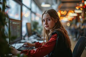 ai generiert jung Frau Arbeiten im das Büro mit Computer foto