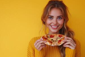 ai generiert jung schön Frau mit Pizza foto