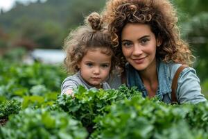 ai generiert Mama und ihr Tochter sind beschäftigt mit Sämlinge. Gartenarbeit im Frühling foto