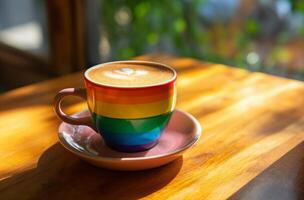 ai generiert Regenbogen gestreift Kaffee Tasse foto