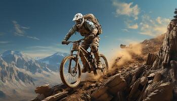 ai generiert Männer Radfahren im extrem Terrain, Rennen durch Berg Spitzen generiert durch ai foto