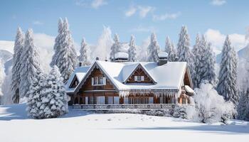 ai generiert Winter Landschaft Schnee bedeckt Wald, Berg, Hütte, und eisig Kiefer Bäume generiert durch ai foto