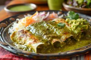 ai generiert Grün Enchiladas Mexikaner Essen mit Guacamole Restaurant Markt zum Werbung schnell Essen Speisekarte foto