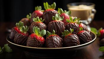 ai generiert nachsichtig Gourmet Dessert dunkel Schokolade eingetaucht Erdbeere auf hölzern Teller generiert durch ai foto