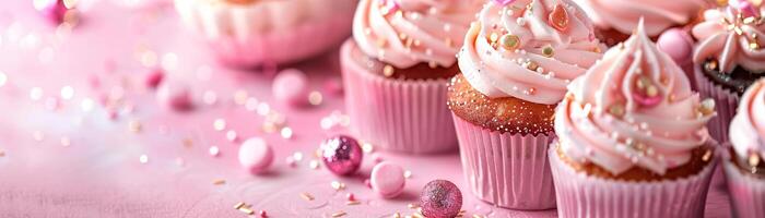 ai generiert Rosa Hintergrund mit elegant glänzend Cupcakes, Kopieren Raum. Damen Tag. es ist ein Mädchen Hintergrund mit leeren Raum. Baby Dusche oder Geburtstag Einladung, Party. Baby Mädchen Geburt Bekanntmachung. foto