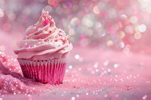 ai generiert elegant Rosa Cupcake mit funkeln Detail auf ein Bokeh Hintergrund, Ideal zum Baby Mädchen Ankündigungen, Mutter Tag Karten, oder sanft feminin Entwürfe. generativ ai. foto