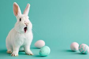 ai generiert überrascht Hase gegen Sanft Blau Hintergrund, perfekt zum Ostern Werbeaktionen. Kopieren Raum zum Text. Ostern Verkauf, Rabatt. generativ ai. foto