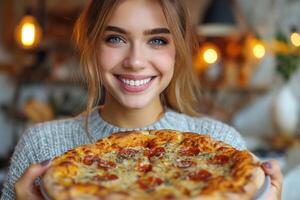 ai generiert jung schön Frau mit Pizza foto