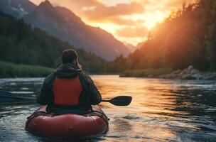 ai generiert Sonnenuntergang Paddel auf Berg Fluss foto