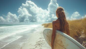 ai generiert Frau mit Surfbrett auf Strand Ufer foto