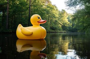 ai generiert Riese Ente auf Wald Teich foto