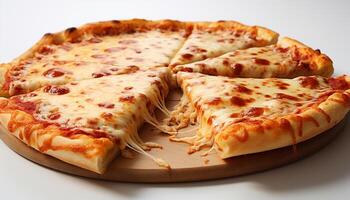 ai generiert frisch gebacken Pizza Scheibe auf hölzern Tisch, bereit zu Essen und köstlich generiert durch ai foto