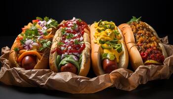 ai generiert gegrillt Rindfleisch heiß Hund auf Ciabatta Brötchen mit Ketchup generiert durch ai foto